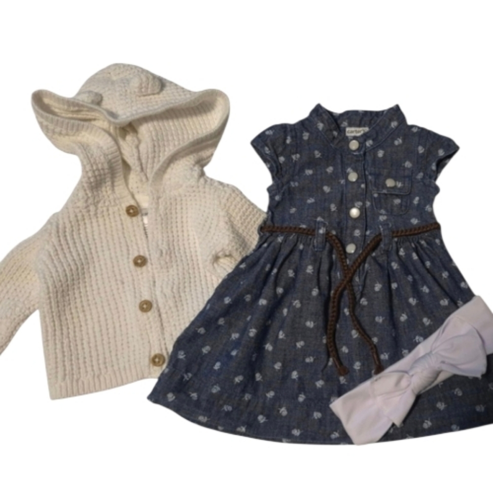 Carter's Denim Blue Floral Dress with Cream Knit Hooded Cardigan